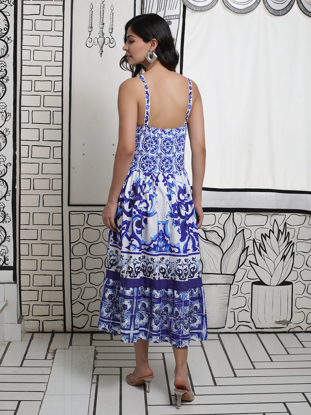 Blue pottery Print Tiered Dress