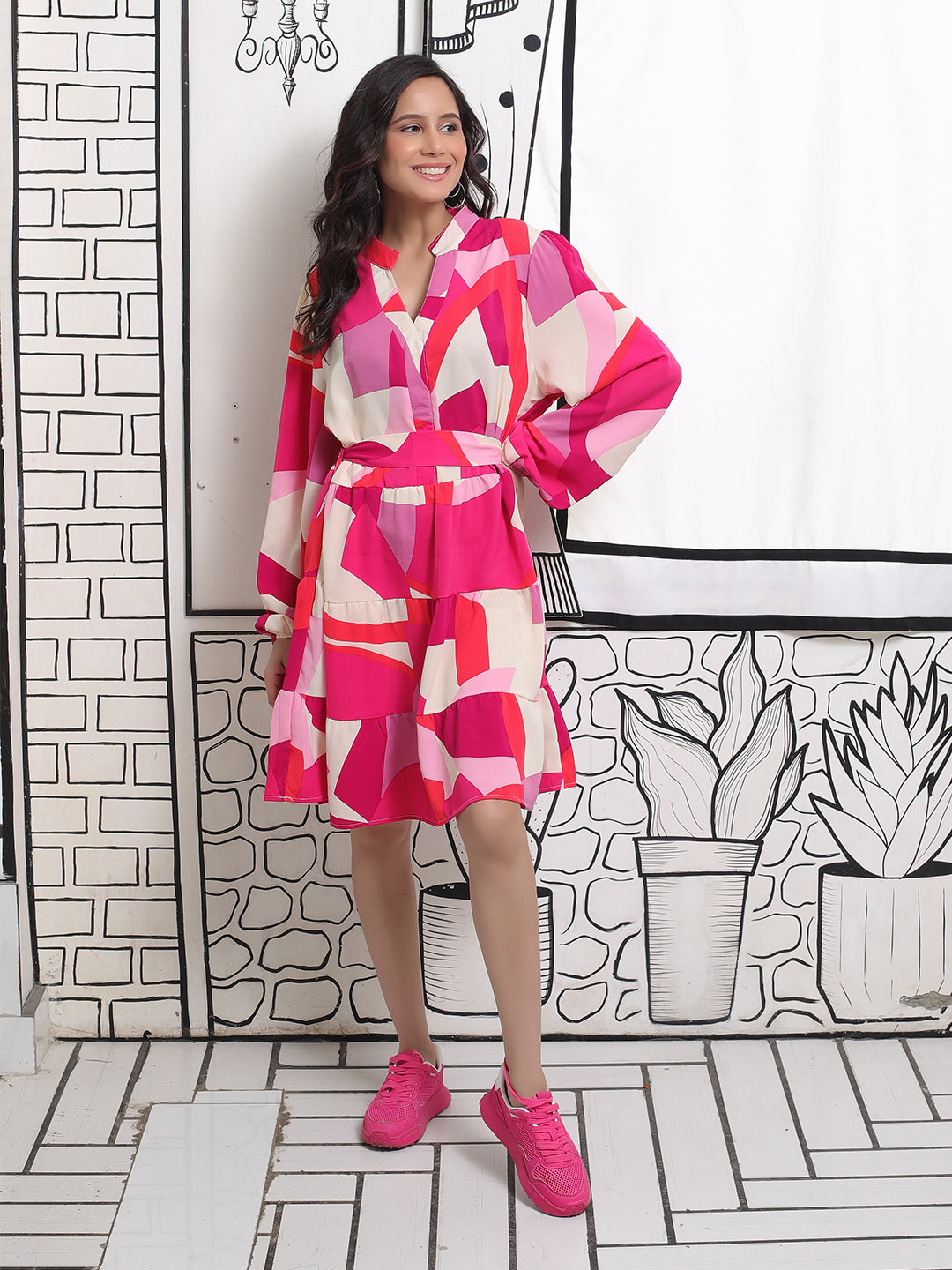 Pink Abstract Tiered Dress