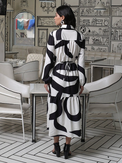 White and Black Abstract Art Button Down Dress