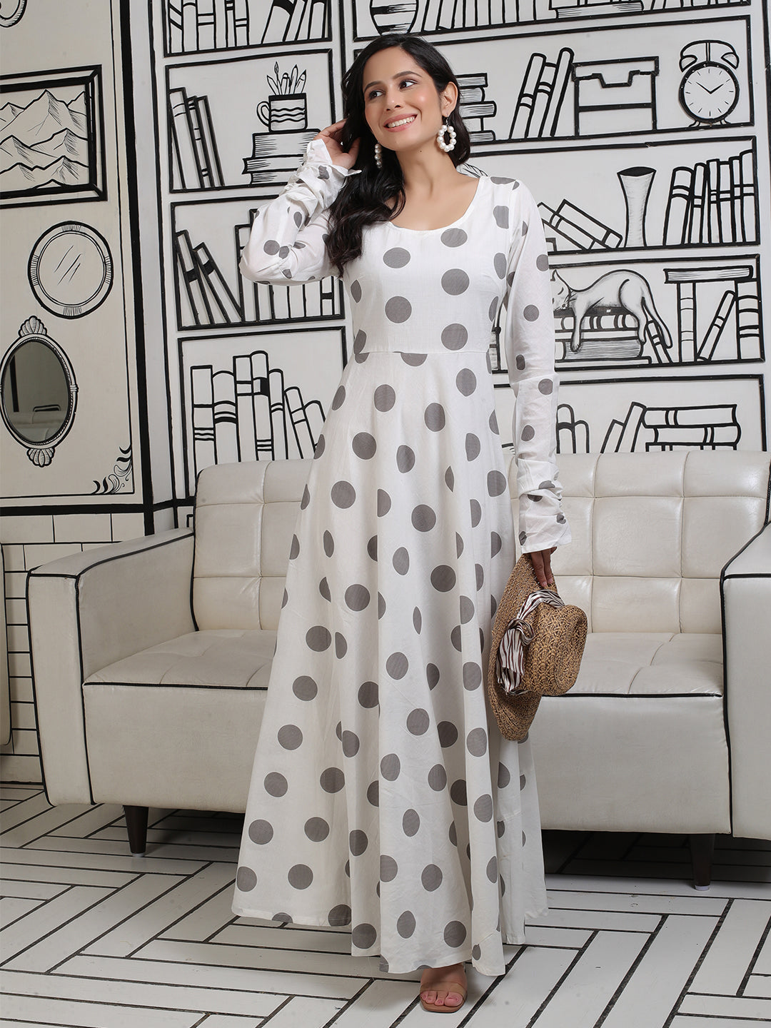 White And Grey Polka Dots Flared Maxi