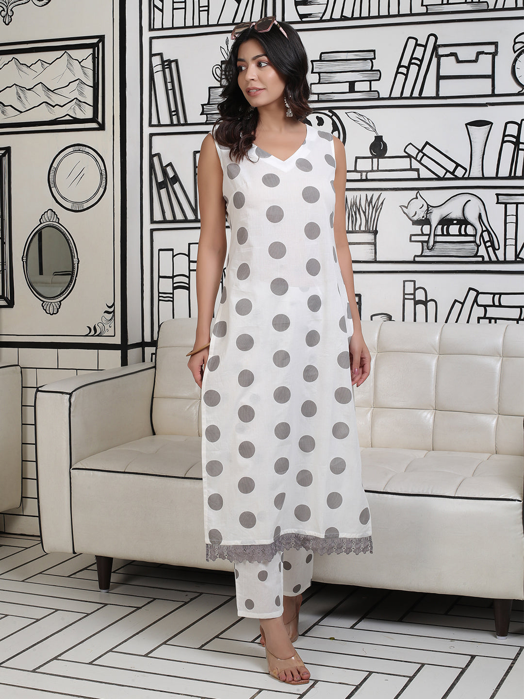 White And Grey Polka Dots Kurta Set With Lace Detail