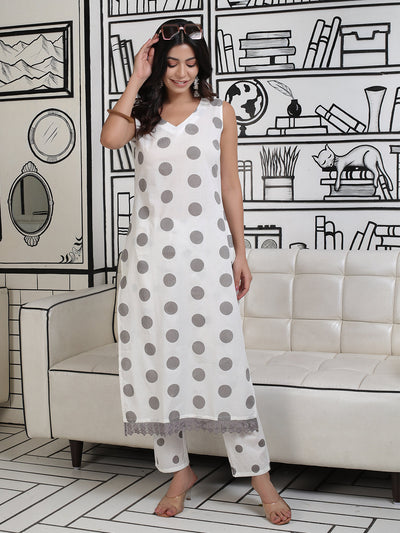 White And Grey Polka Dots Kurta Set With Lace Detail