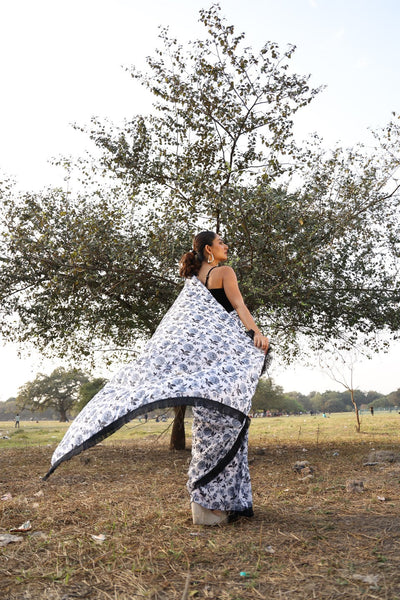 White & Black Floral printed Saree with blouse