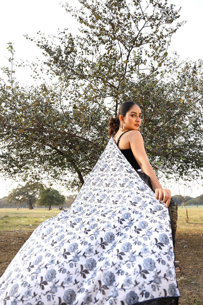 White & Black Floral printed Saree with blouse