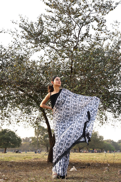 White & Black Floral printed Saree with blouse