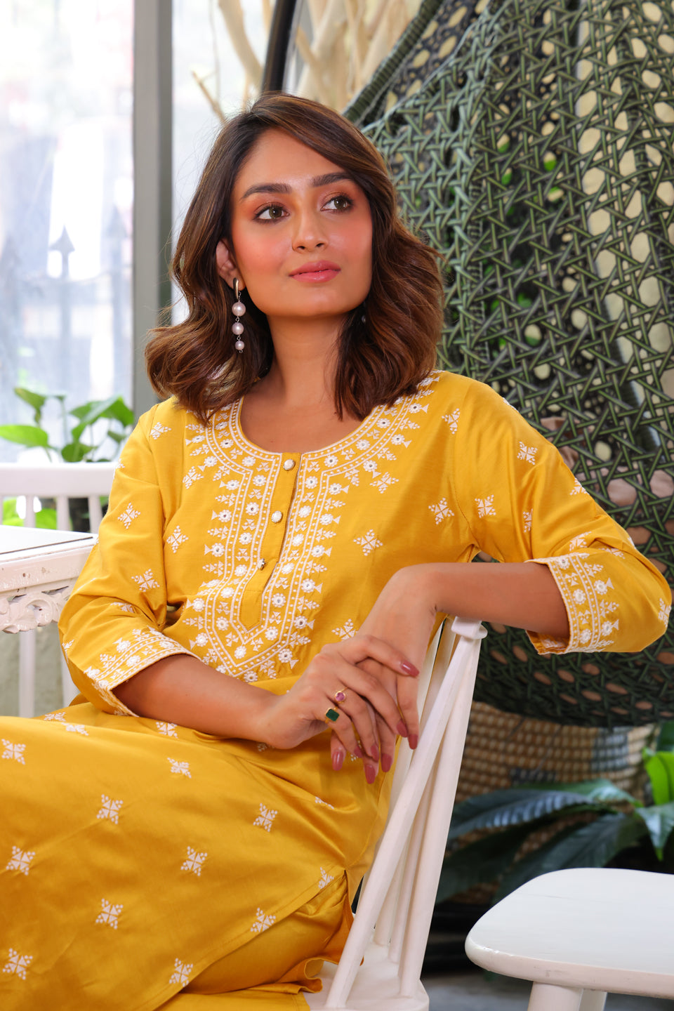 Mustard Kurta Set with Thread Embroidery