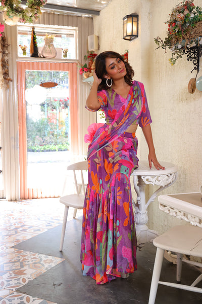 Purple Digital Abstract Ruffled Pre Stitched Saree