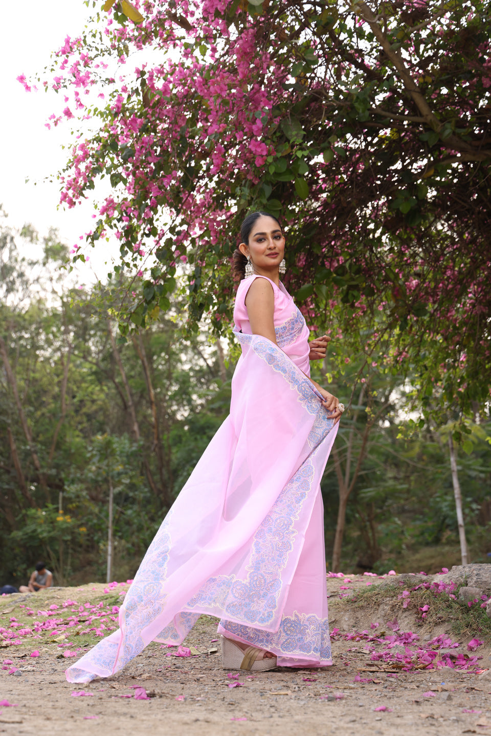 Powder Pink Organza Saree with Border