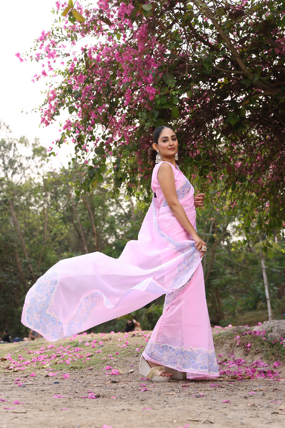 Powder Pink Organza Saree with Border