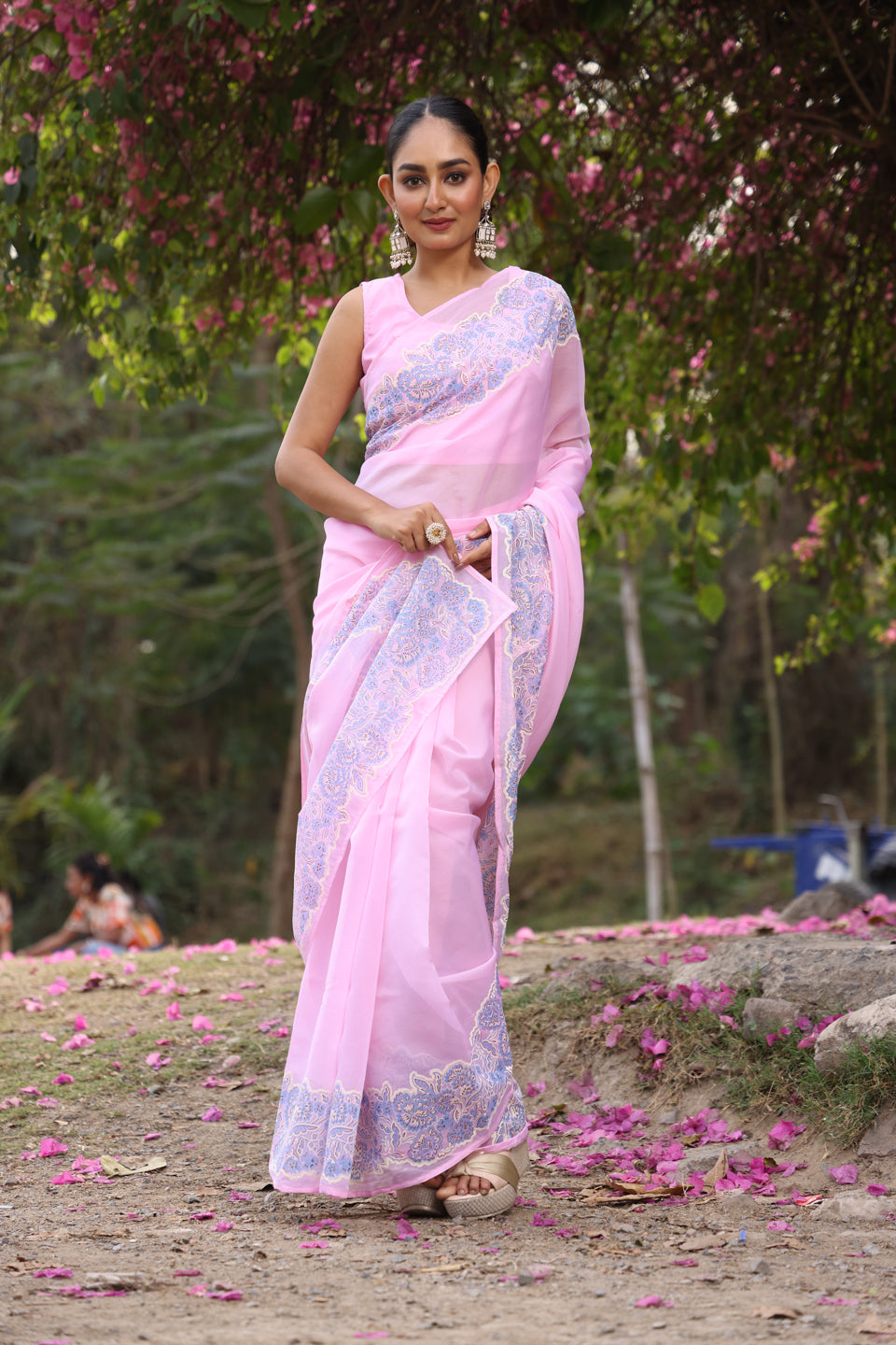 Powder Pink Organza Saree with Border