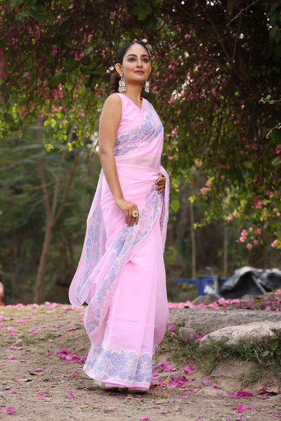 Powder Pink Organza Saree with Border