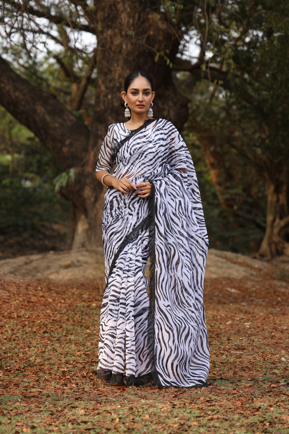 Zebra Print Organza  Saree with Fringes