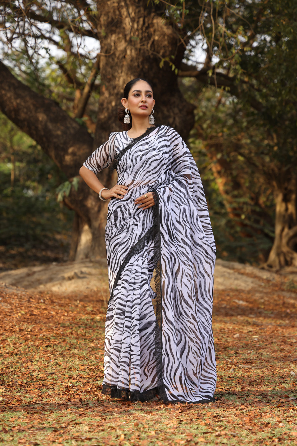 Zebra Print Organza  Saree with Fringes