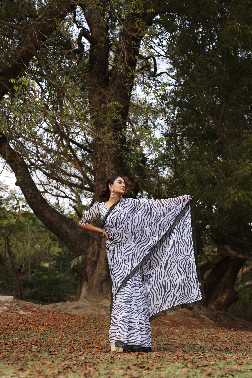 Zebra Print Organza  Saree with Fringes