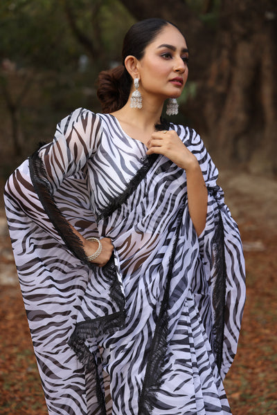 Zebra Print Organza  Saree with Fringes