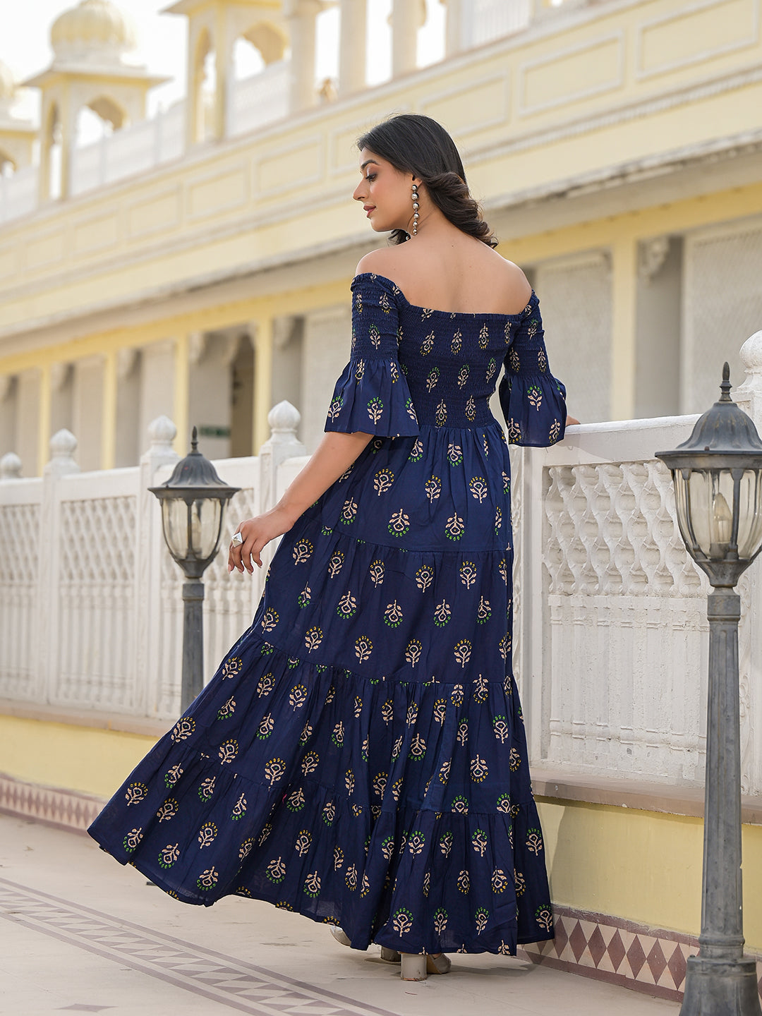 Indigo Off Shoulder tiered Maxi dress