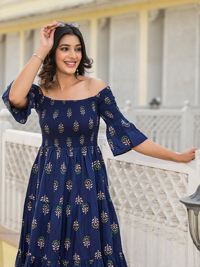 Indigo Off Shoulder tiered Maxi dress