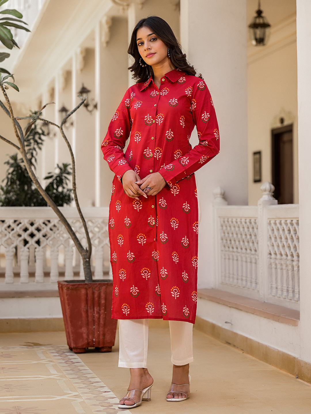 Red Button Down Cropped back kurta