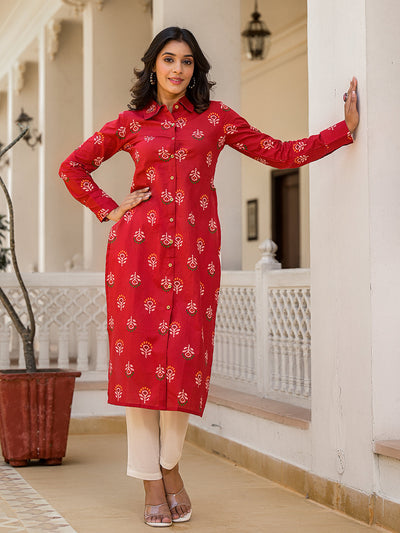 Red Button Down Cropped back kurta