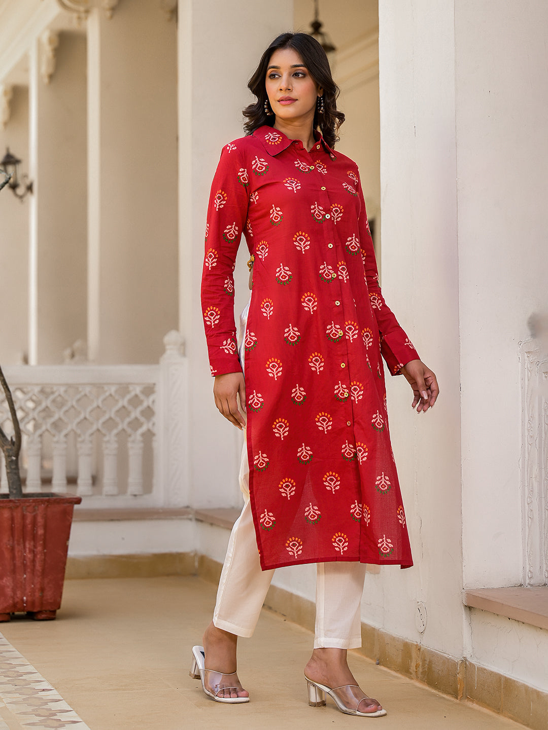 Red Button Down Cropped back kurta