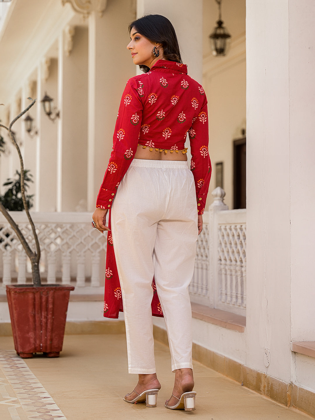 Red Button Down Cropped back kurta