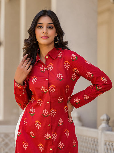 Red Button Down Cropped back kurta