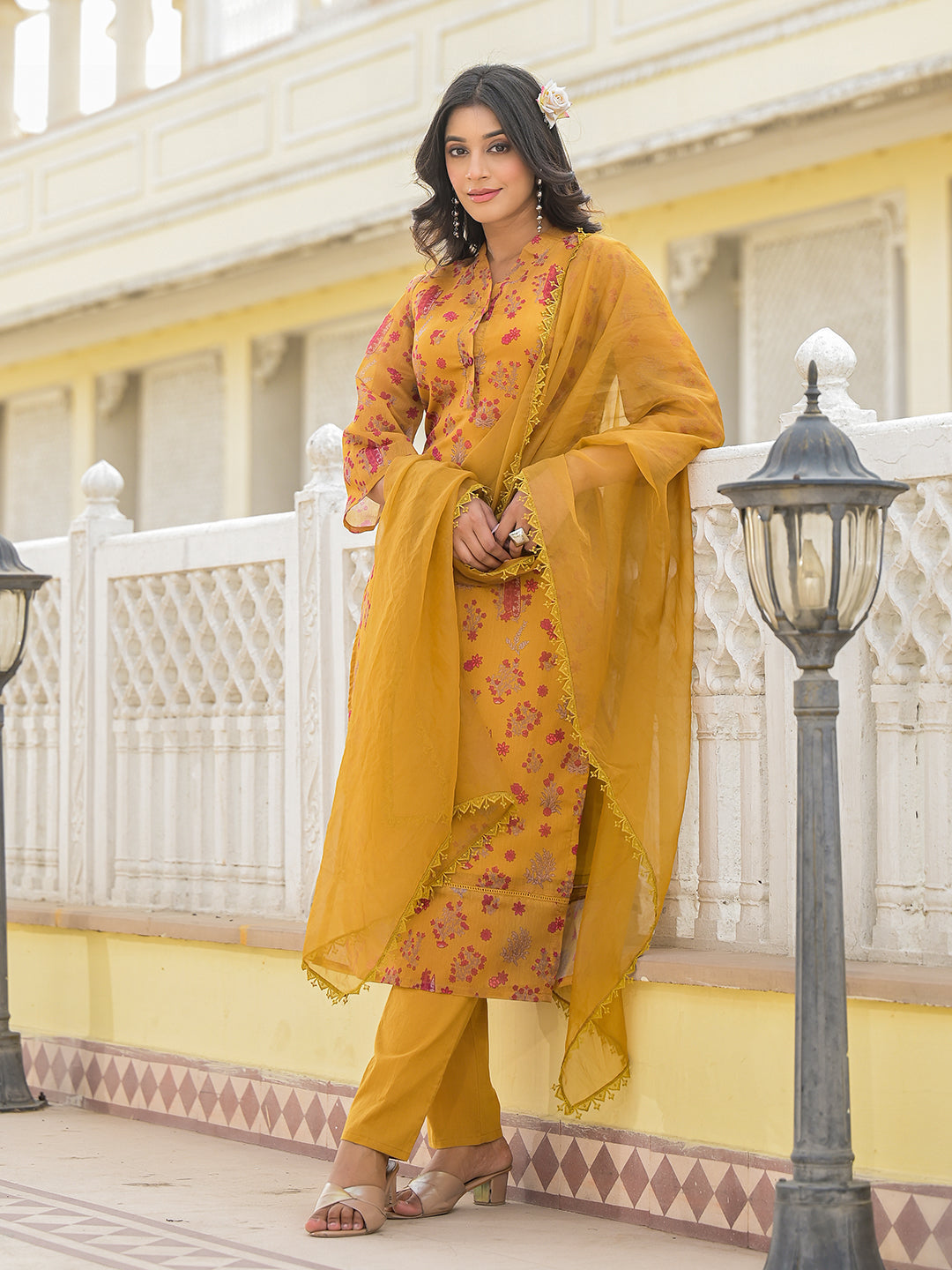 Mustrad Chanderi Kurta Set With Organza Dupatta