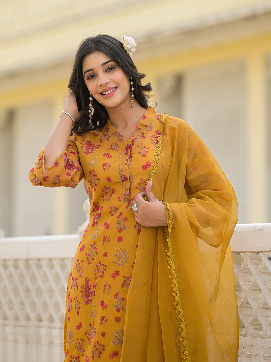 Mustrad Chanderi Kurta Set With Organza Dupatta