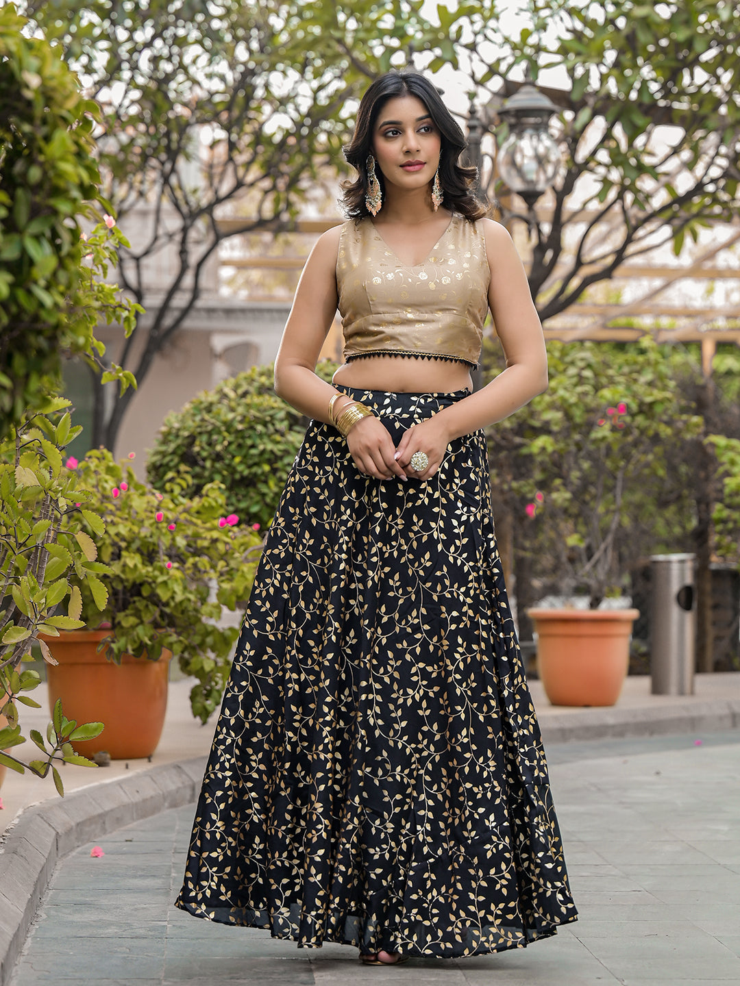 Black & Beige Foil Printed Lehenga Choli