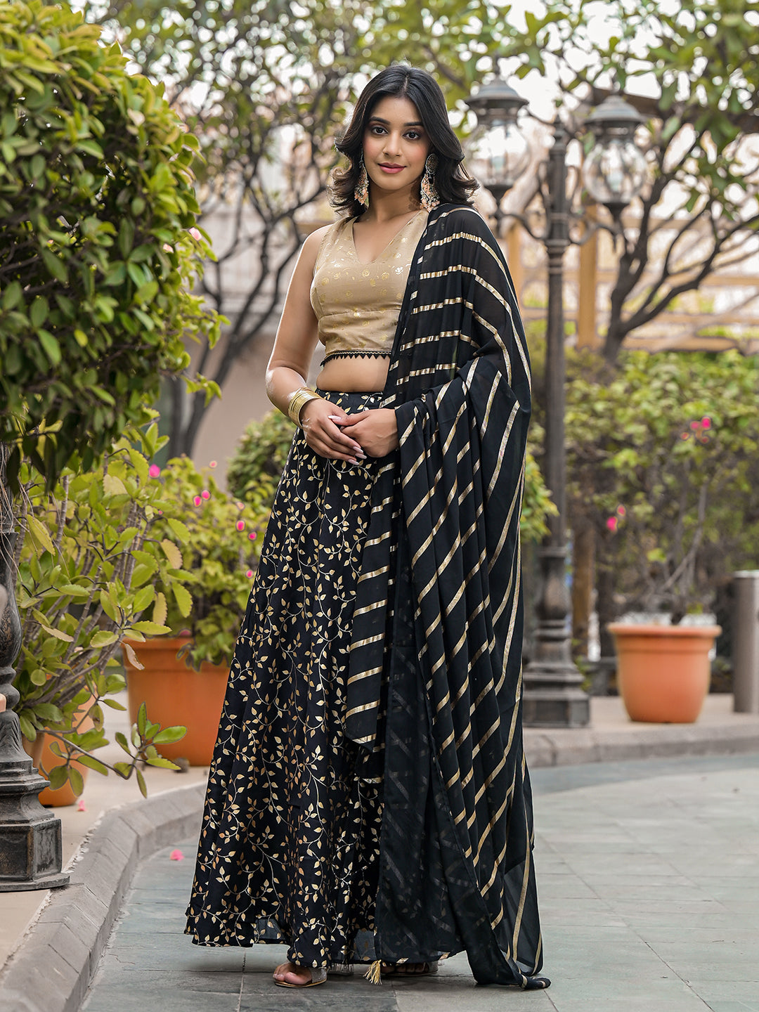 Black & Beige Foil Printed Lehenga Choli