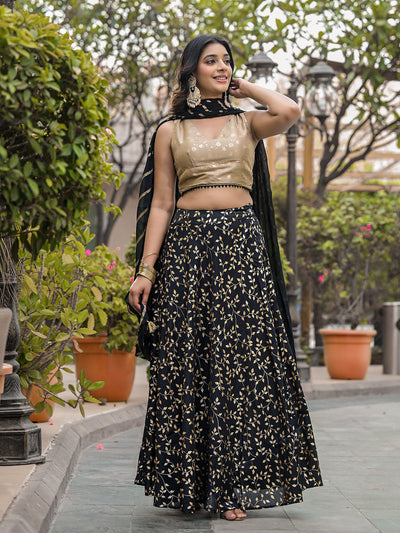 Black & Beige Foil Printed Lehenga Choli