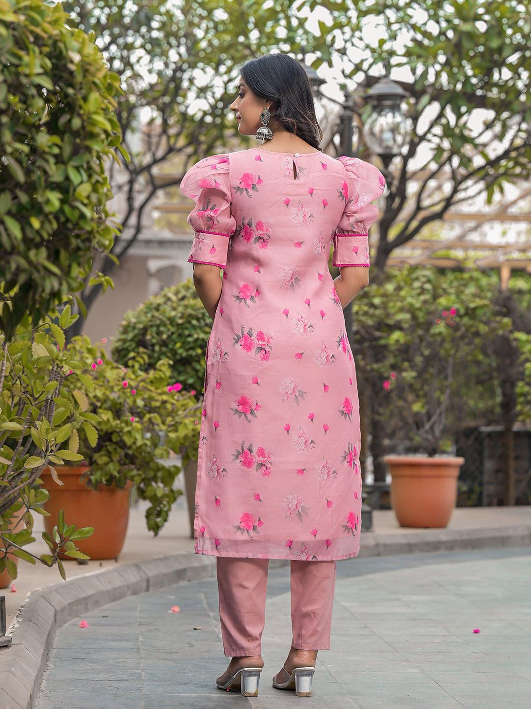 Blush Pink Floral Chanderi Kurta Set With Dupatta