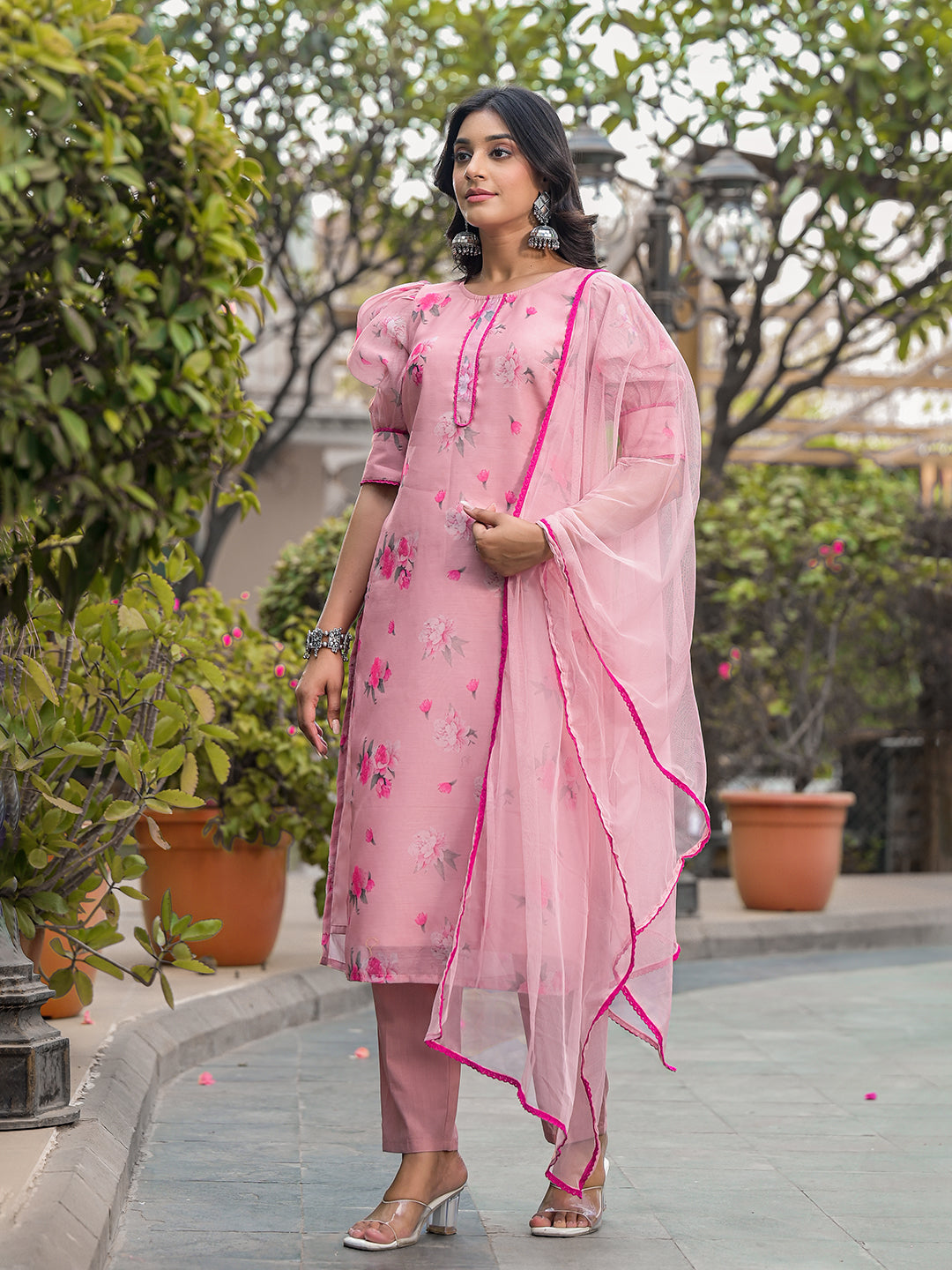 Blush Pink Floral Chanderi Kurta Set With Dupatta