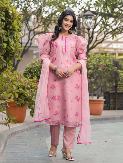 Blush Pink Floral Chanderi Kurta Set With Dupatta