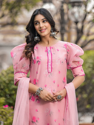 Blush Pink Floral Chanderi Kurta Set With Dupatta