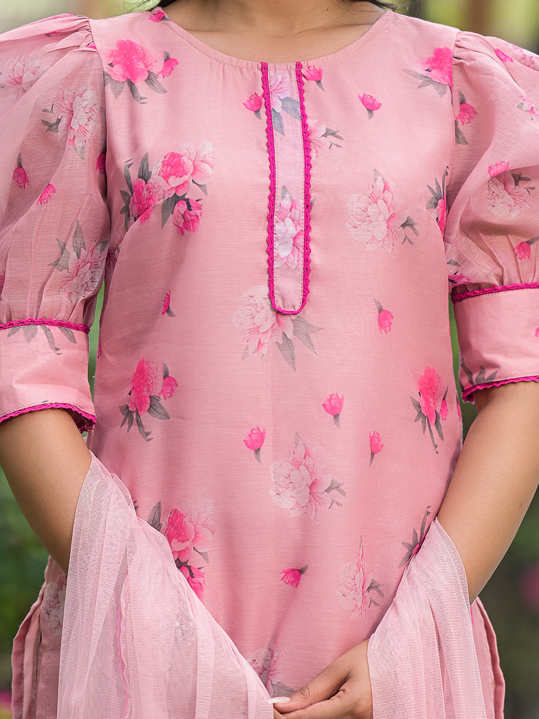 Blush Pink Floral Chanderi Kurta Set With Dupatta