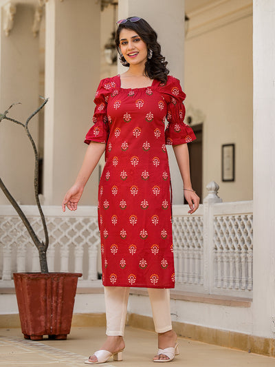 Red Puffed sleeve Kurta wity smocking detail