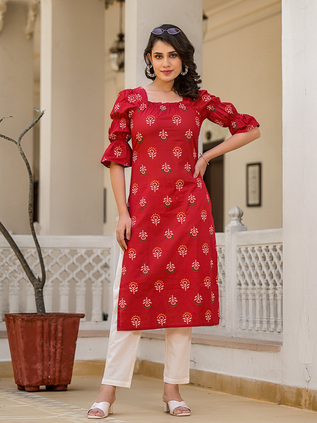 Red Puffed sleeve Kurta wity smocking detail