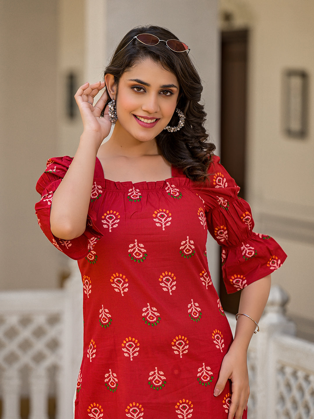 Red Puffed sleeve Kurta wity smocking detail