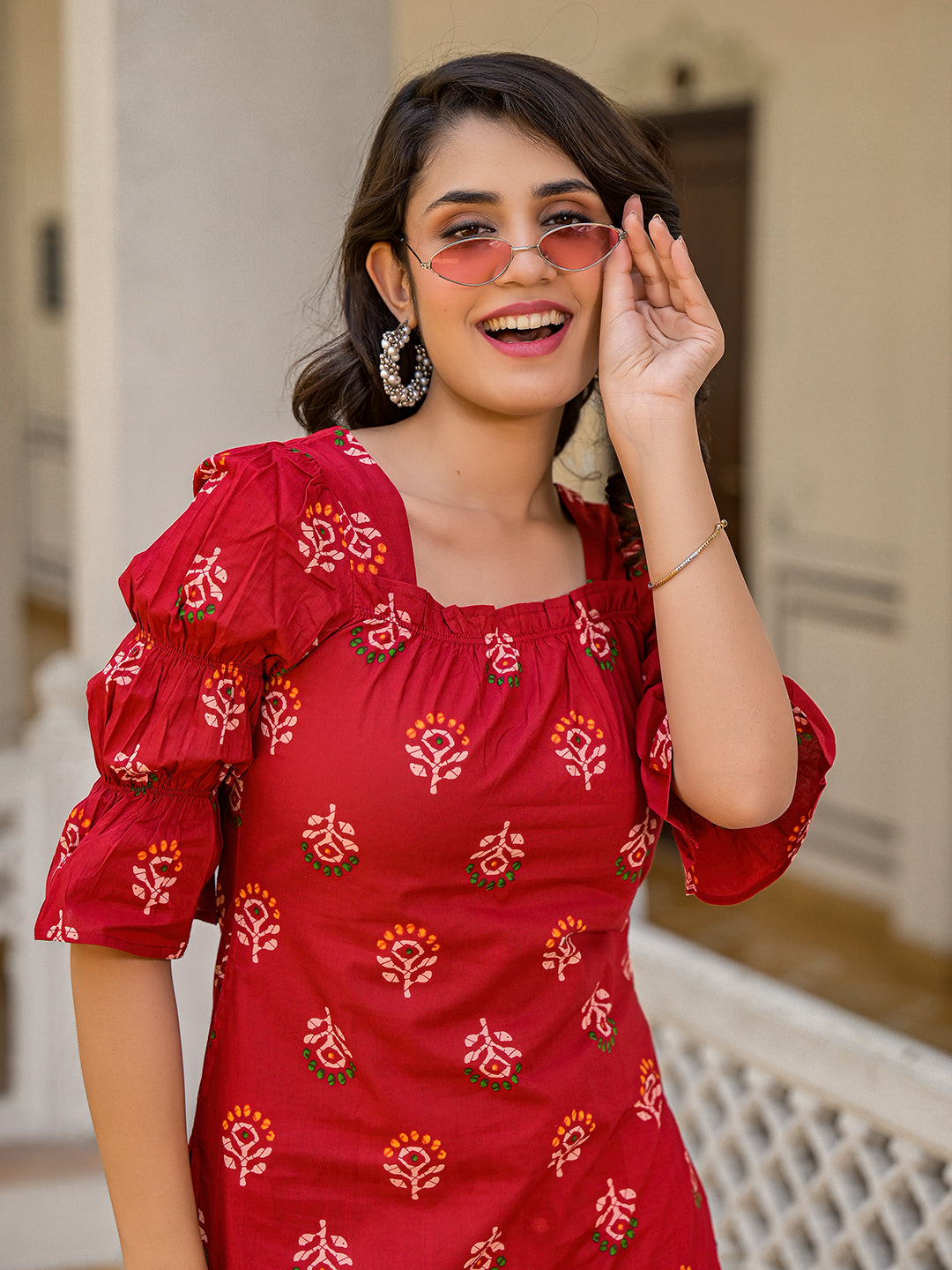 Red Puffed sleeve Kurta wity smocking detail