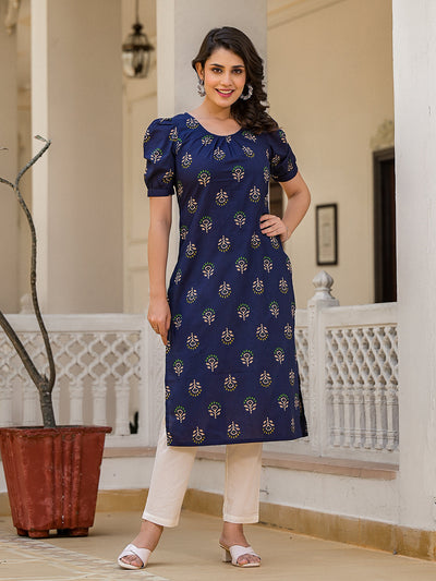 Indigo Straight Kurta with Puffed Sleeve