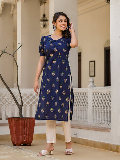 Indigo Straight Kurta with Puffed Sleeve