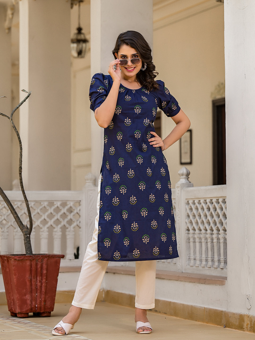 Indigo Straight Kurta with Puffed Sleeve