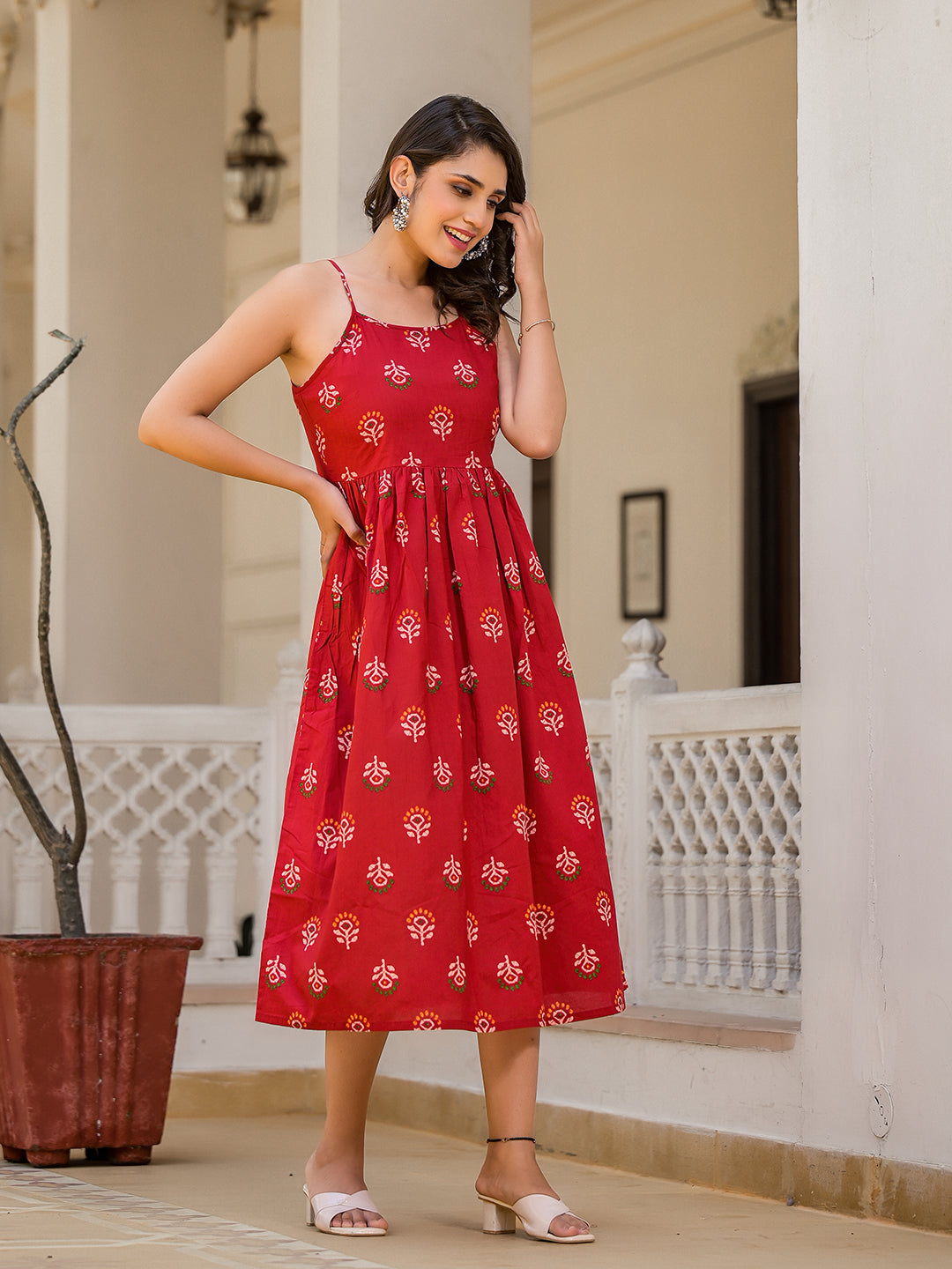 Red Noodle Strap Midi Summer Dress