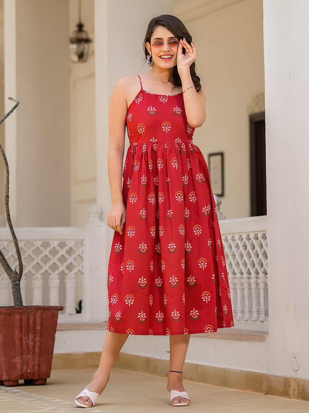 Red Noodle Strap Midi Summer Dress