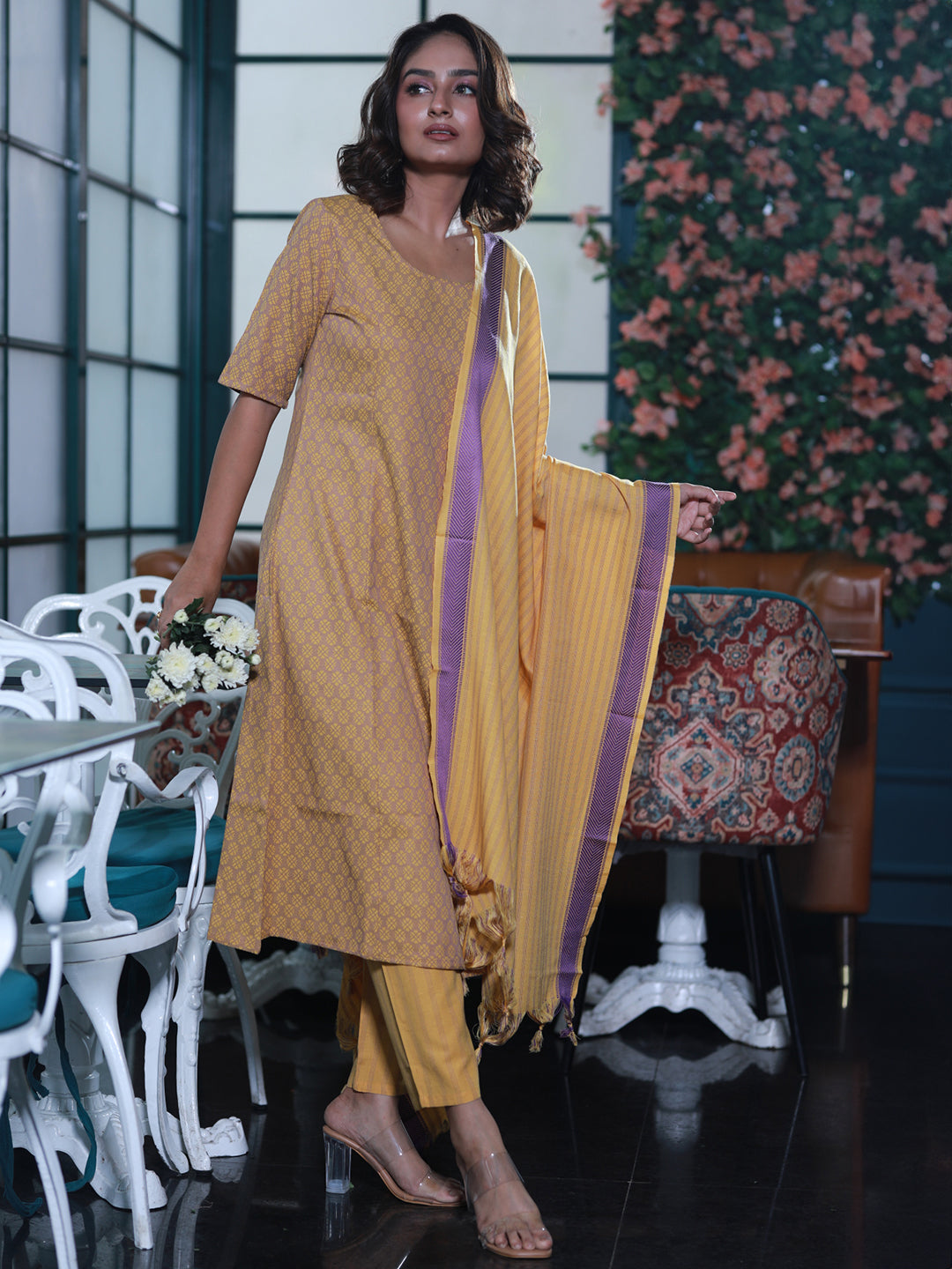 Mustard Yarn Dyed Kurta Set with dupatta