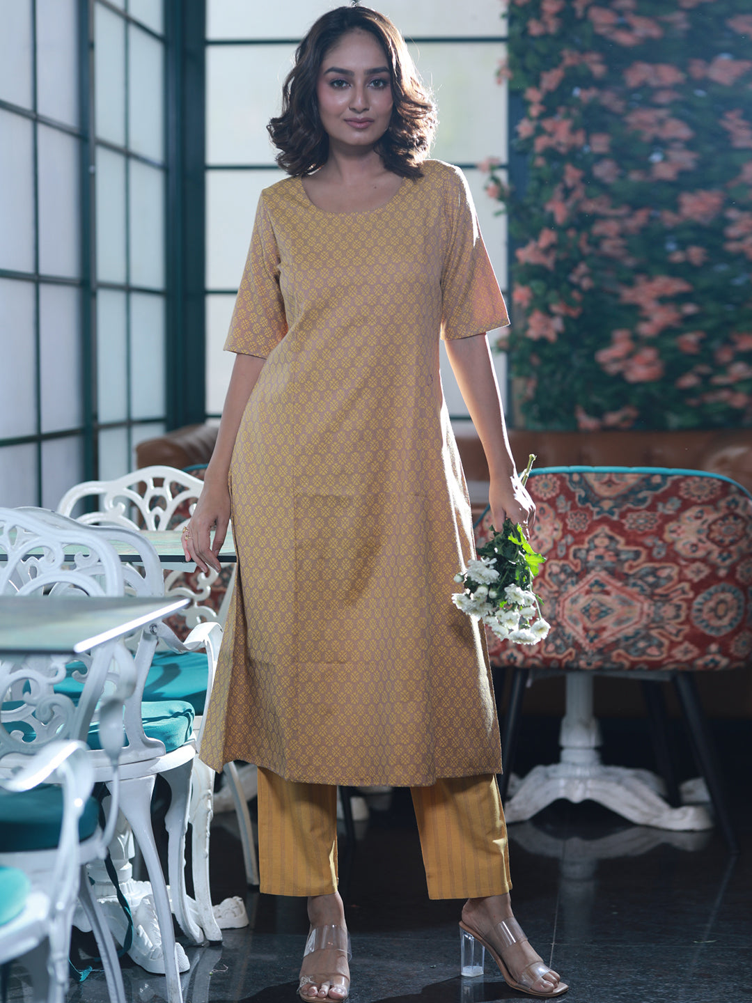 Mustard Yarn Dyed Kurta Set with dupatta