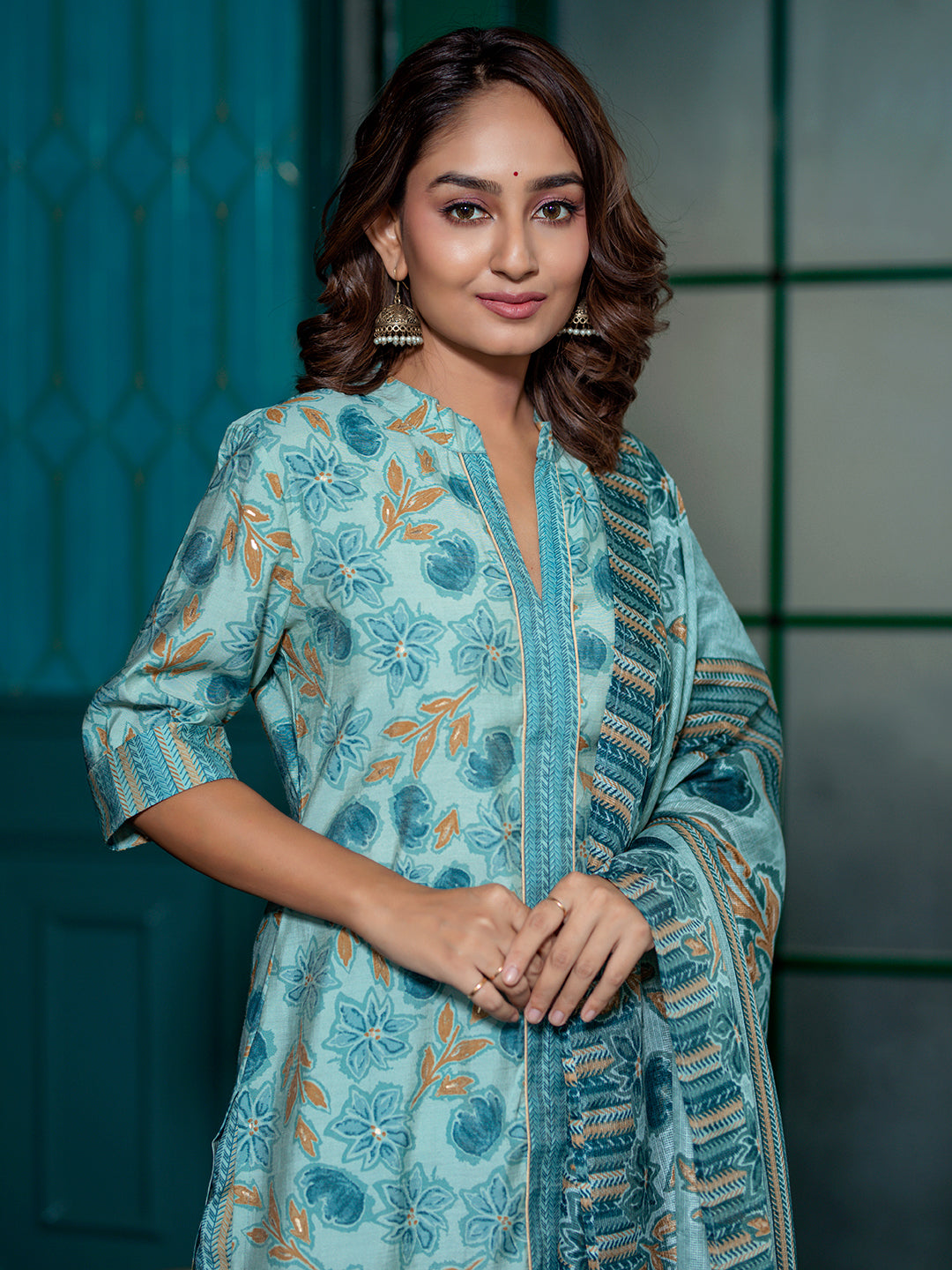 Powder Blue Floral Kurta Set with Dupatta