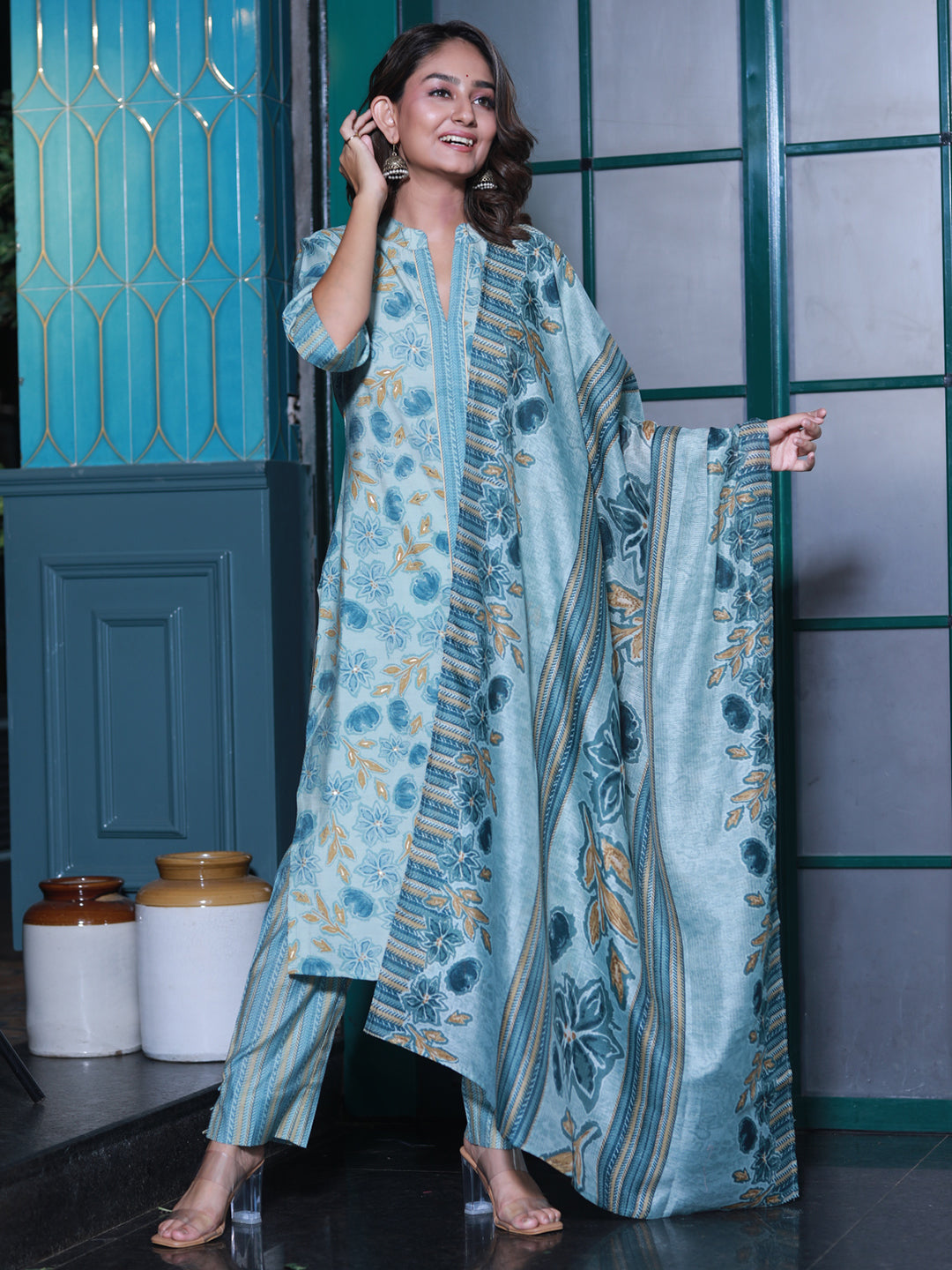 Powder Blue Floral Kurta Set with Dupatta