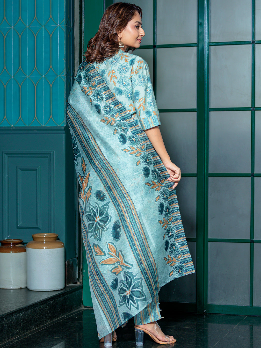 Powder Blue Floral Kurta Set with Dupatta